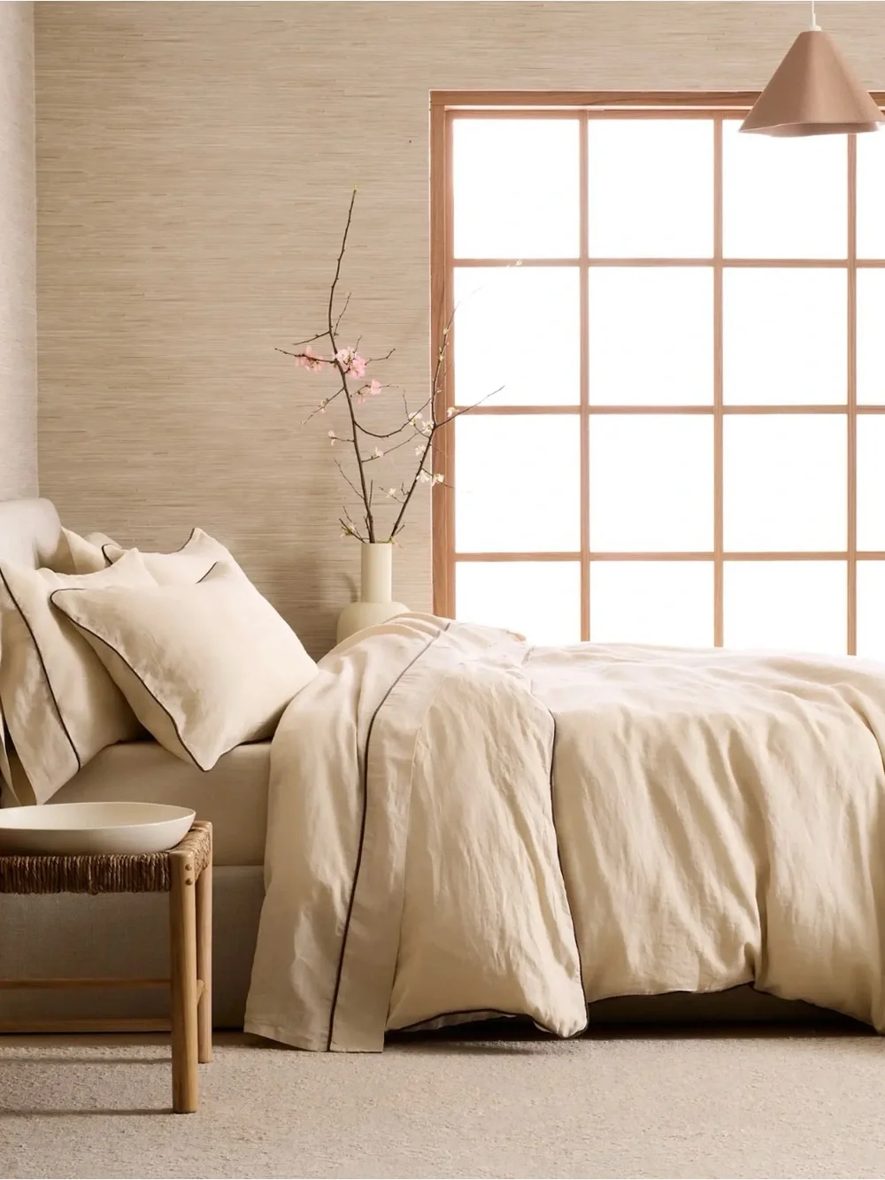 Oat and Espresso King/Cal King European Linen Duvet Cover Set - Retail $204